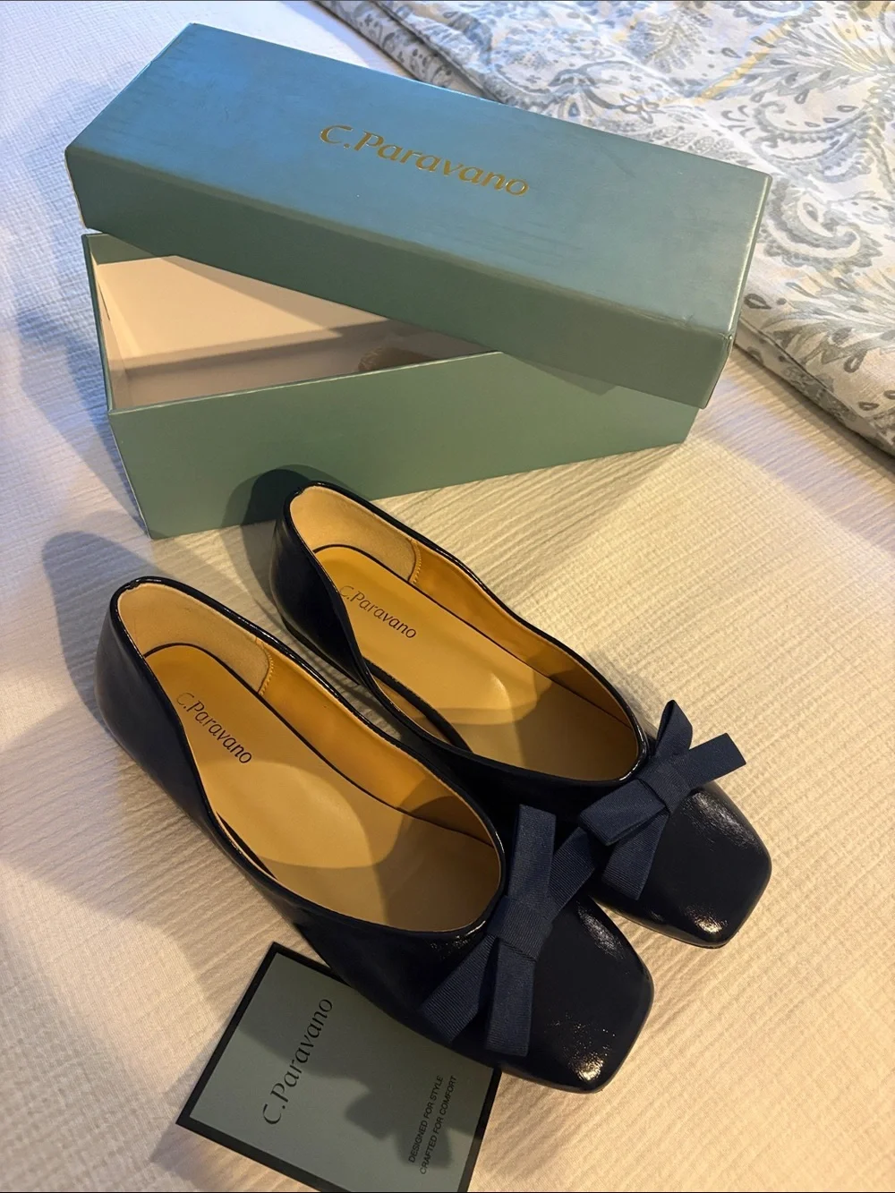C. Paravano Navy Patent Bow Square-Toe Flats